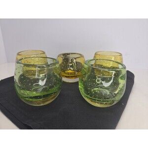 Artisan Hand Blown Bubble Glass Votives- Vases-Cups Amber & Green HEAVY Unique